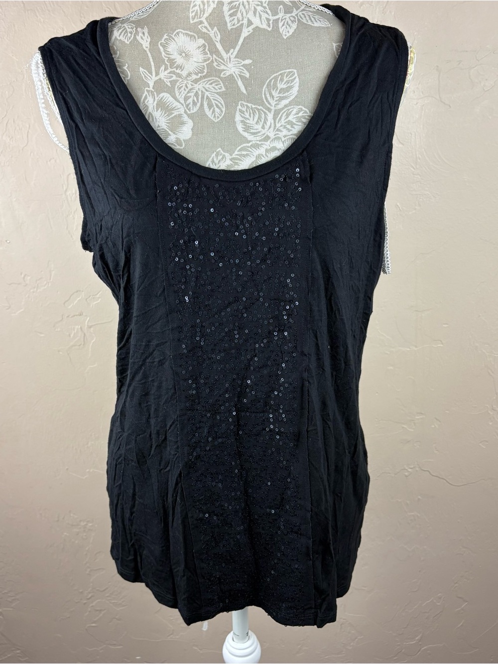Studio Works Black Sequin Embellished Top Tank Tee Women’s Size XL